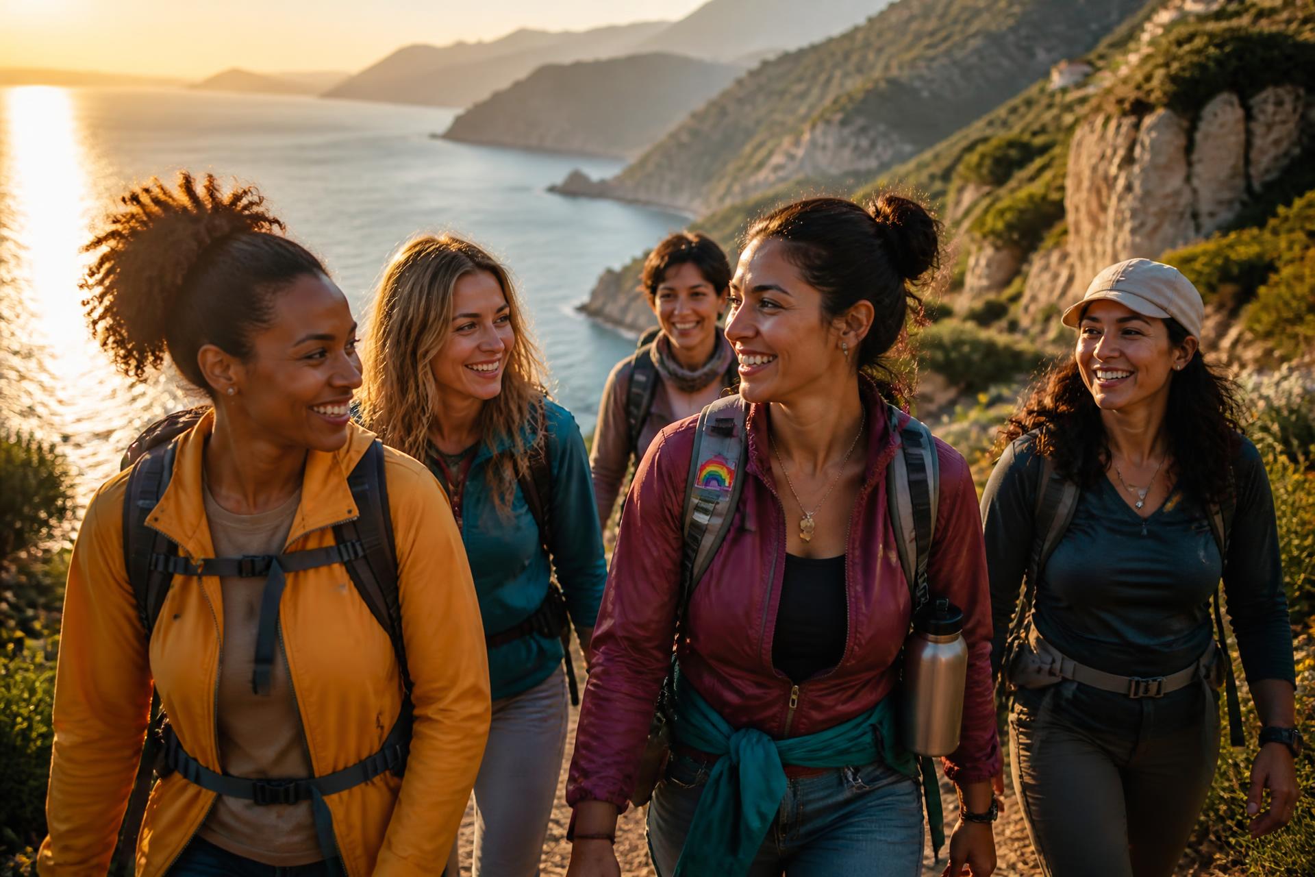 Grupo diverso de mujeres caminando por la costa mediterránea al atardecer